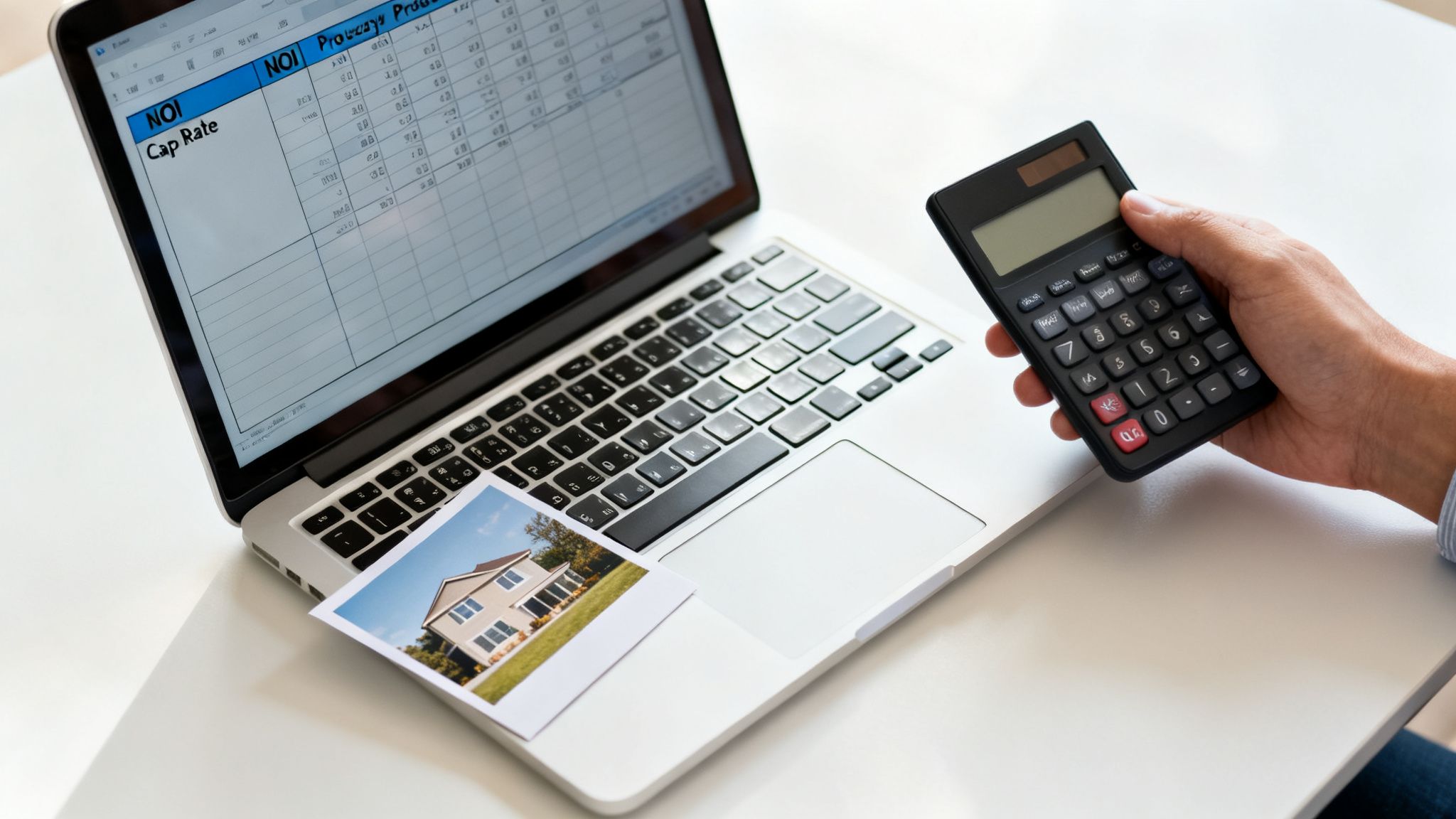A person uses a calculator next to a laptop displaying real estate financial analysis and a house photo.