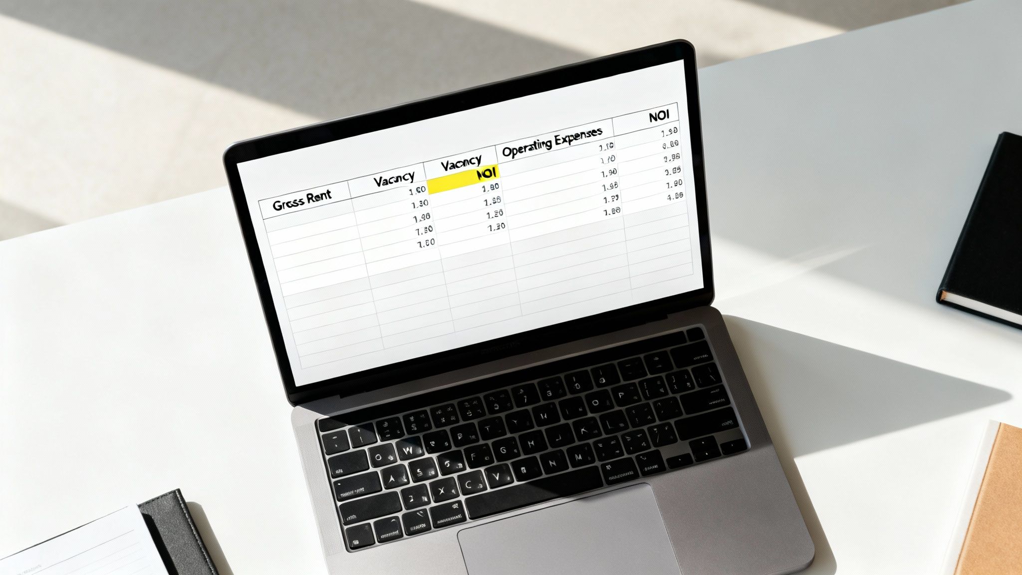 Overhead shot of a person analyzing financial data on a laptop, calculating property cap rate.