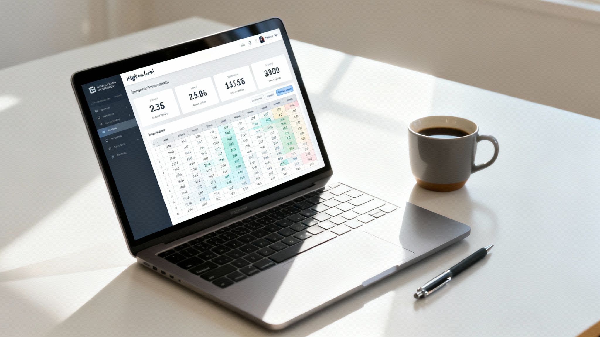 A laptop displaying a real estate investment analysis spreadsheet on a clean white desk with a coffee mug and pen.