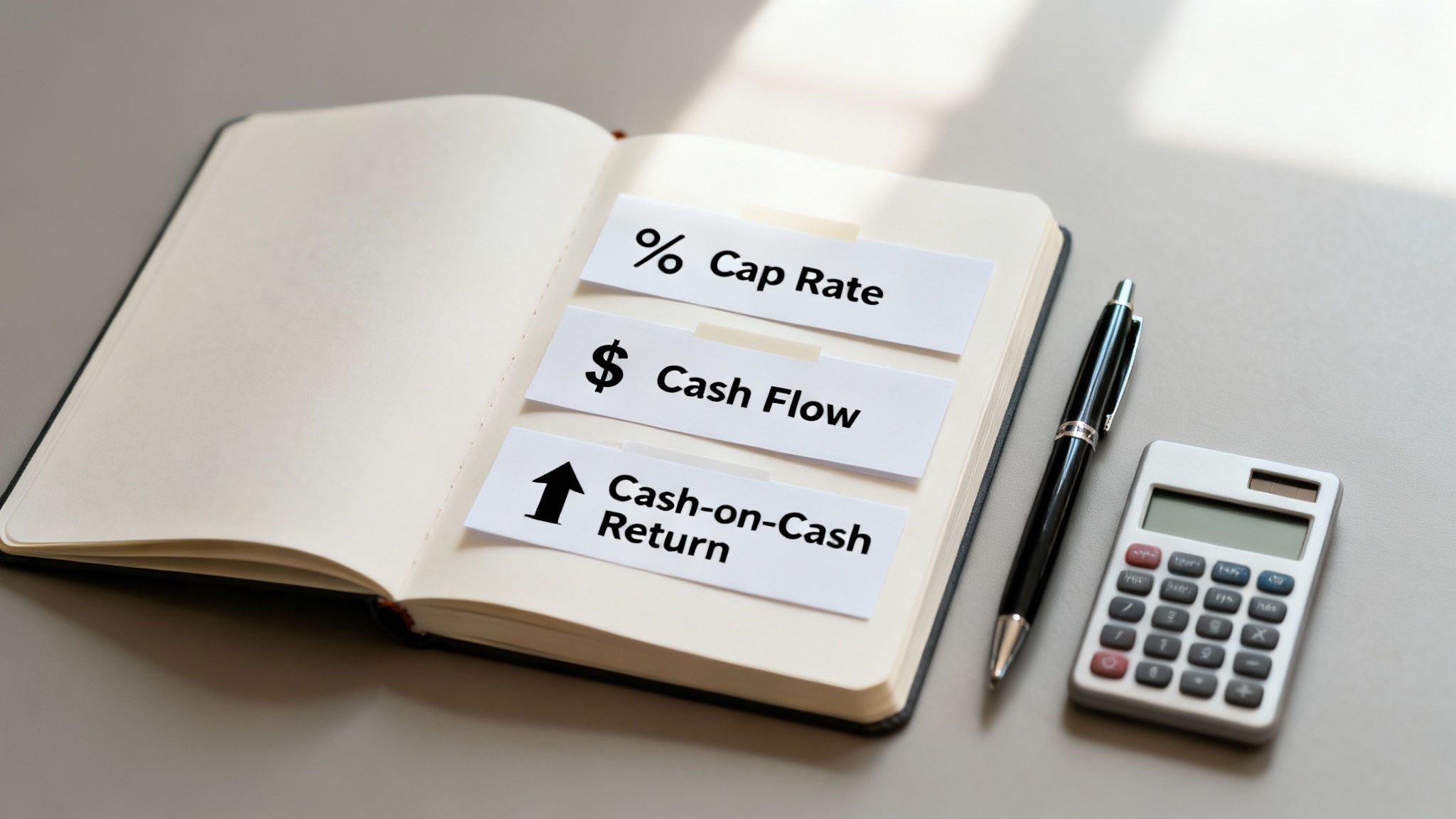 An open notebook displays notes on Cap Rate, Cash Flow, and Cash-on-Cash Return, with a pen and calculator nearby.