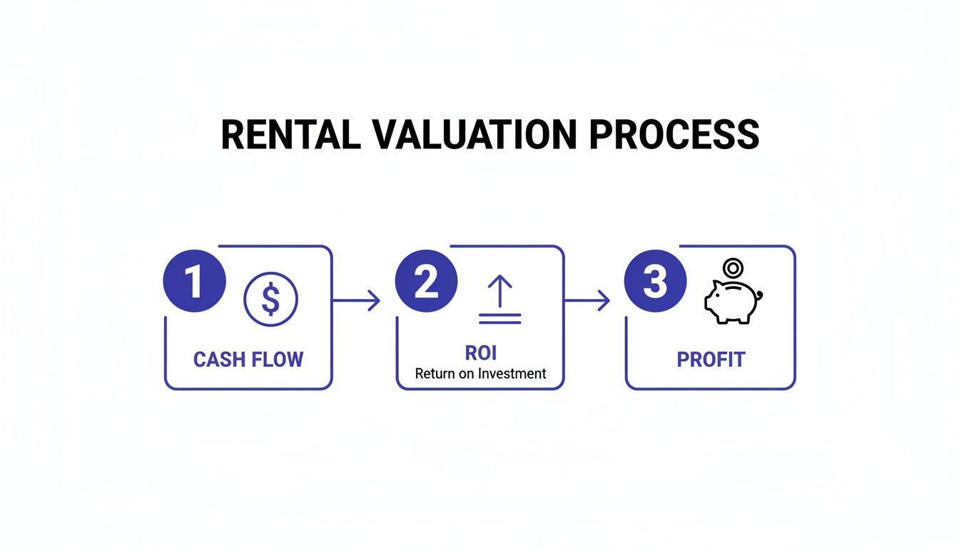Flowchart illustrating the rental property valuation process, including cash flow, ROI, and profit.