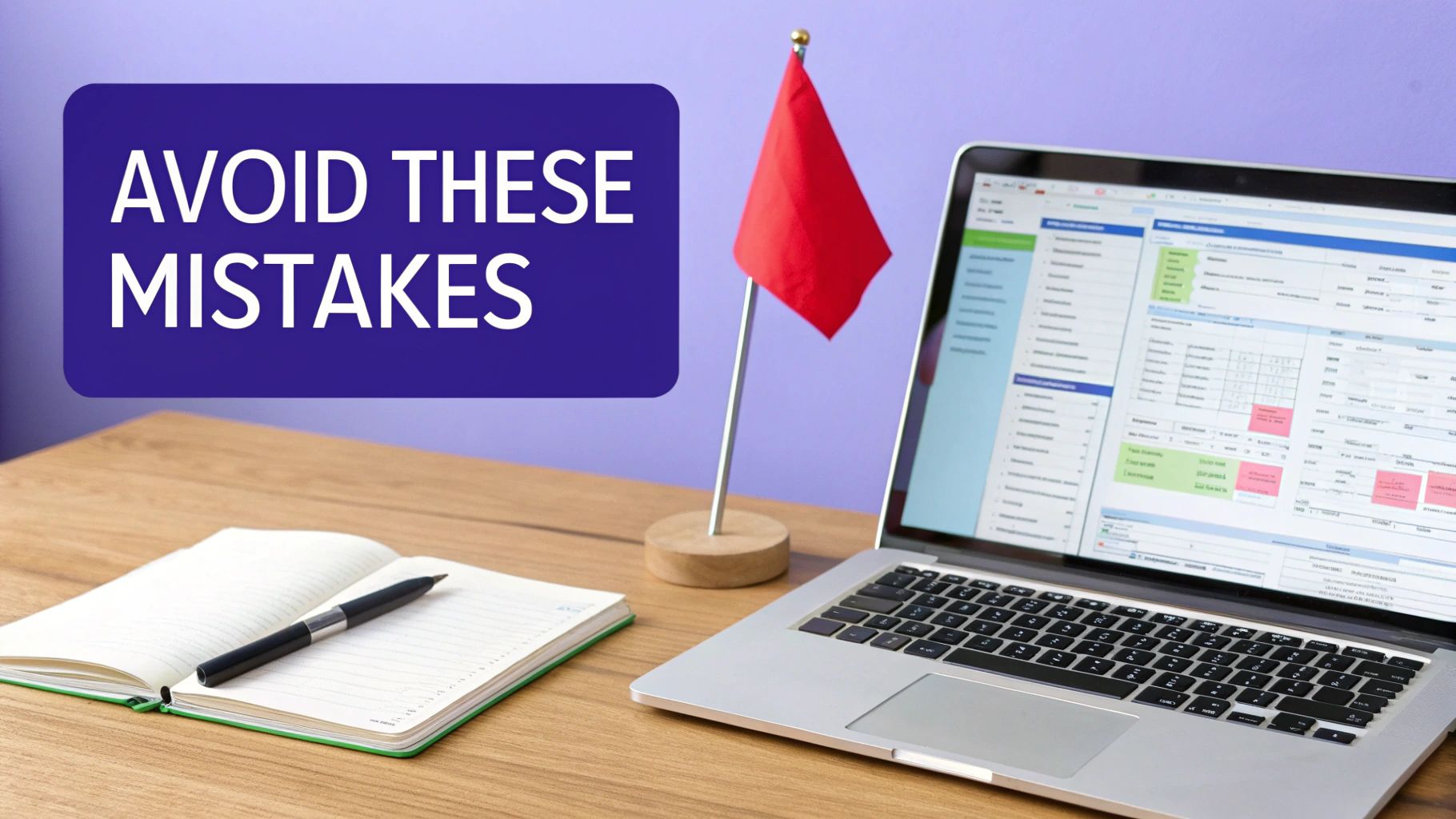Laptop displaying project management dashboard with red warning flag and notebook on wooden desk