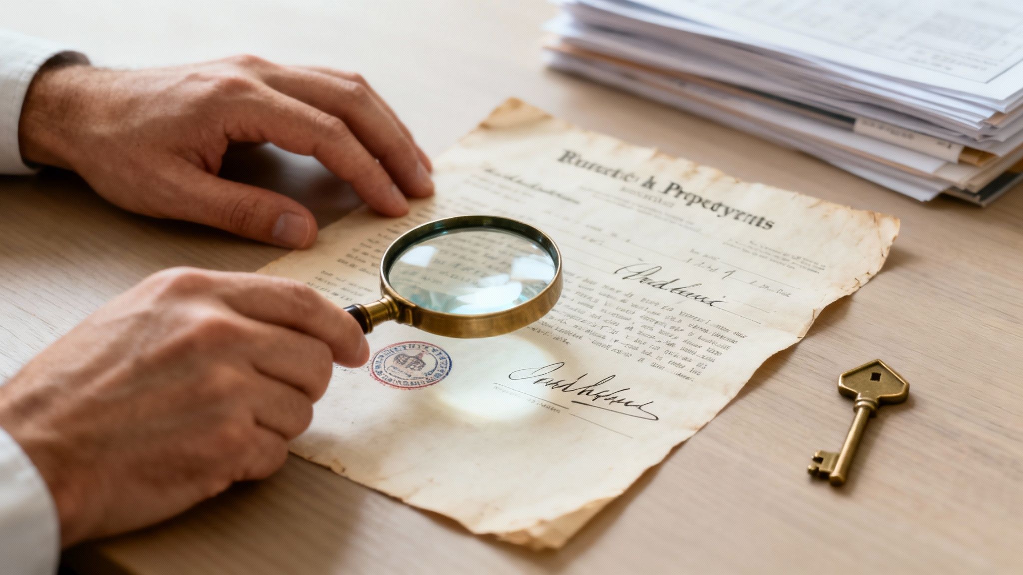 A person's hands using a magnifying glass to inspect an aged real estate document.