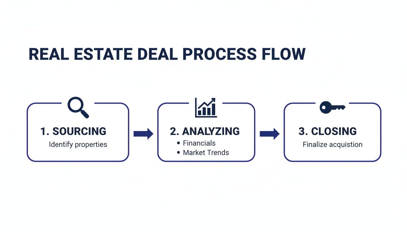 A visual diagram outlining the three-step real estate deal process: sourcing, analyzing, and closing.