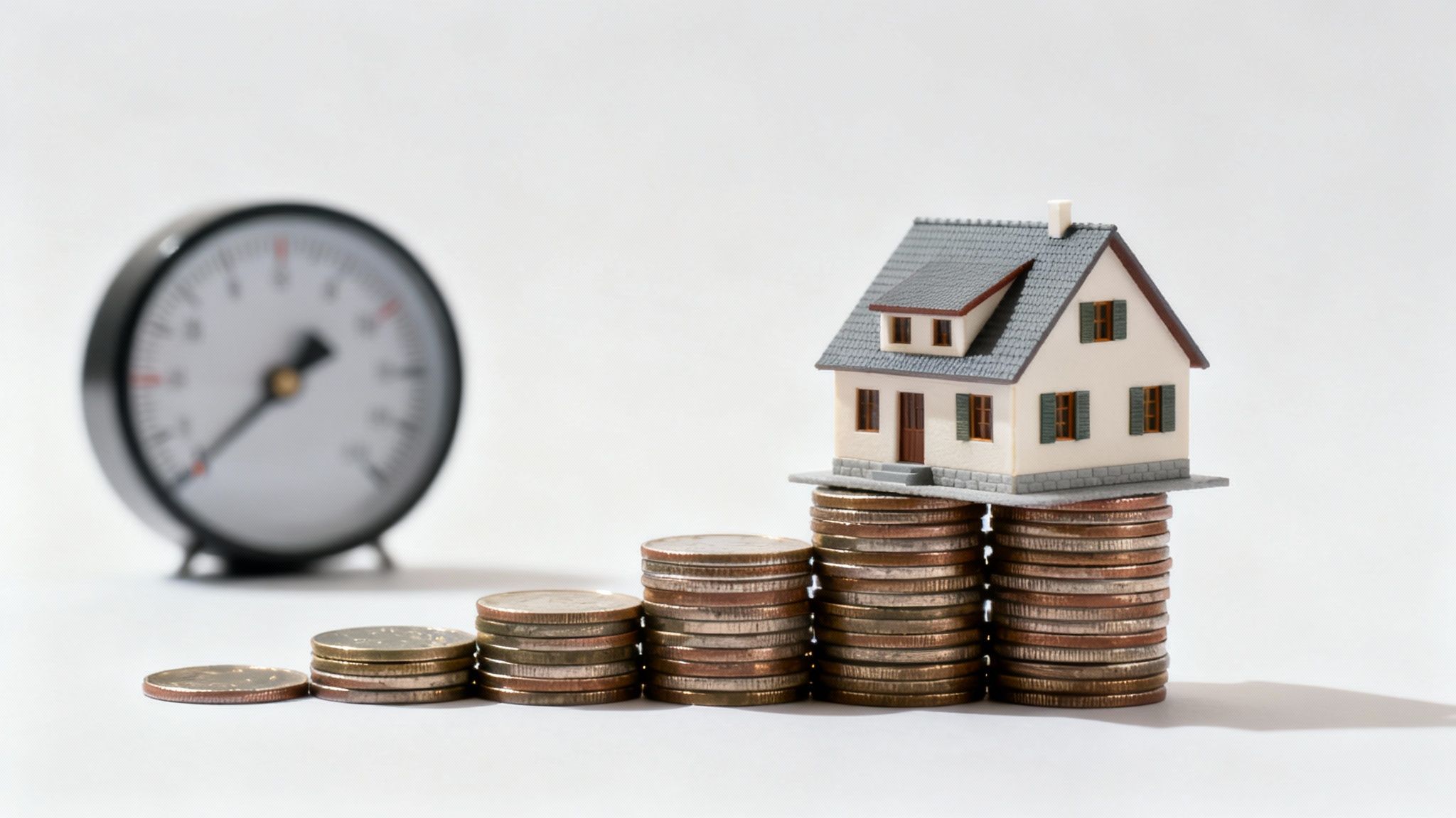 Miniature house on increasing stacks of coins with a blurred clock, symbolizing property investment and time.