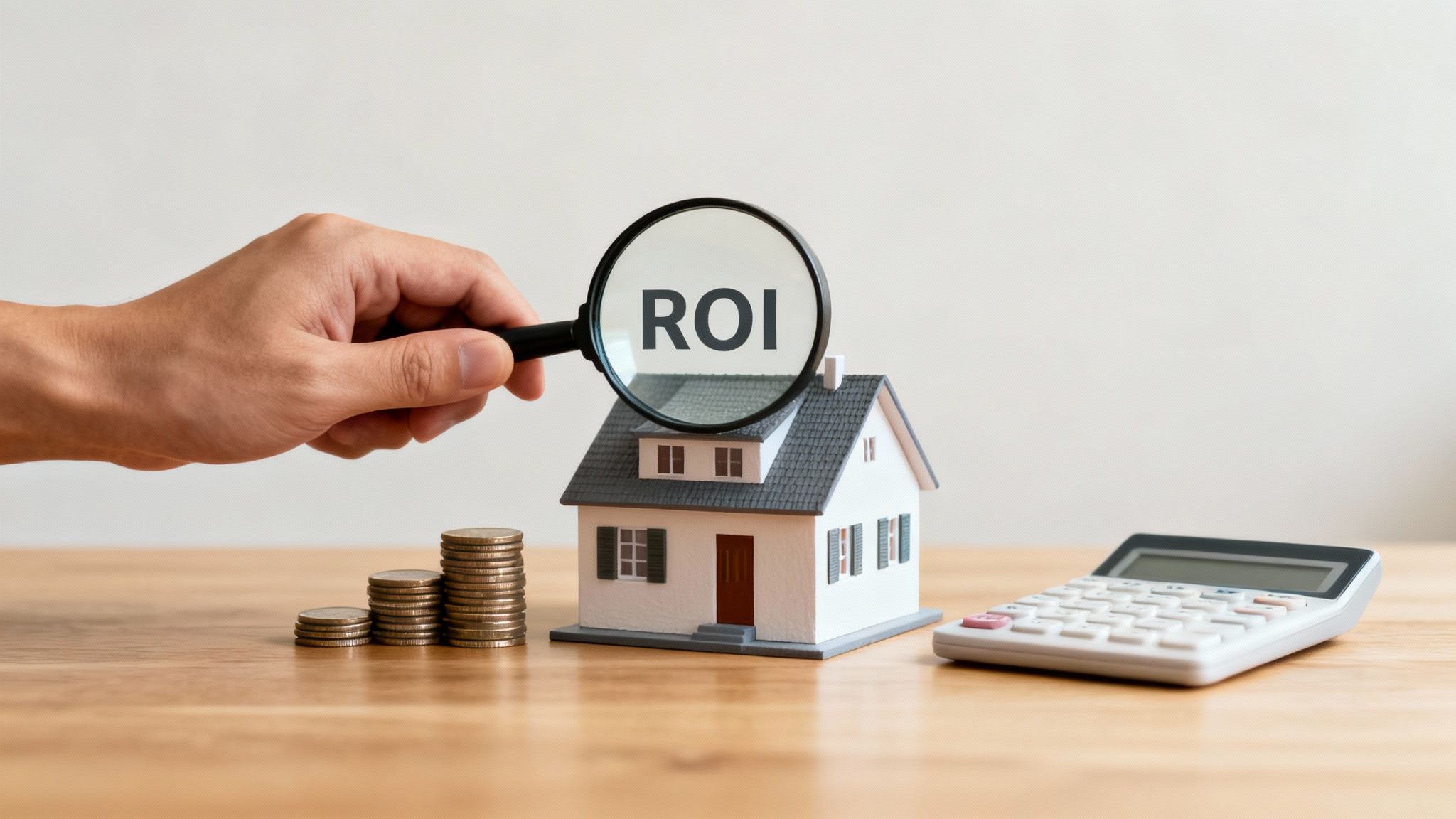 A hand uses a magnifying glass to examine 'ROI' on a house model, with coins and a calculator.