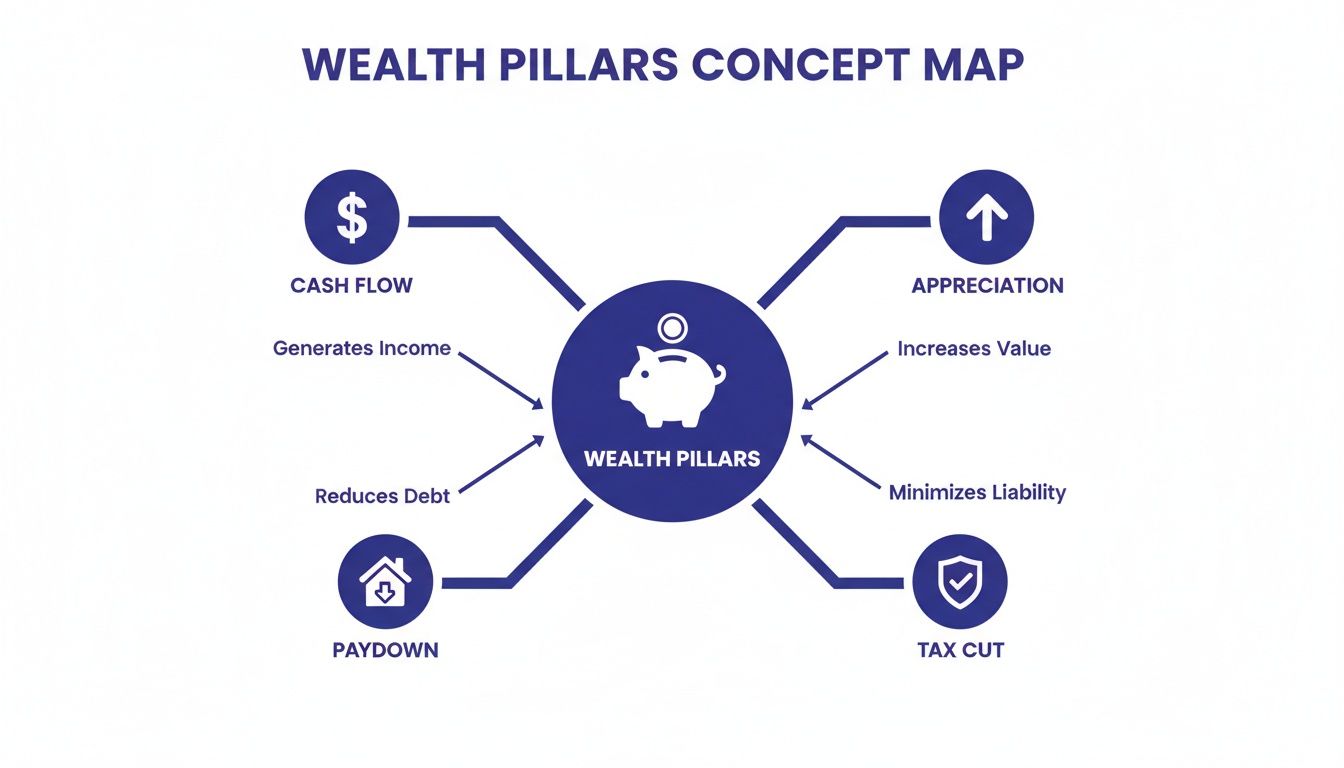 A concept map illustrating the four wealth pillars: cash flow, appreciation, tax cut, and paydown.