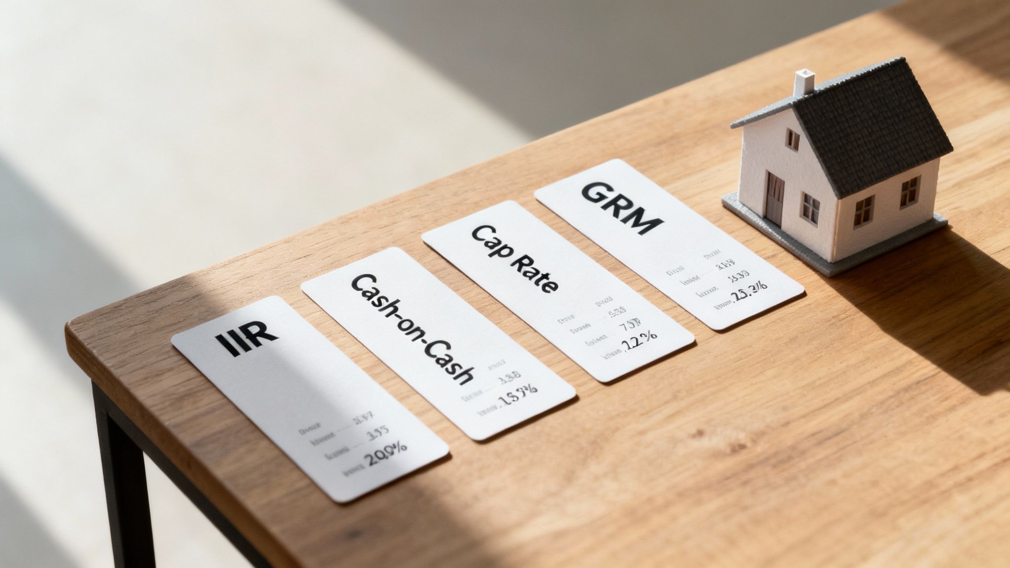 Real estate investment cards for IIR, Cash-on-Cash, Cap Rate, and GRM next to a miniature house.