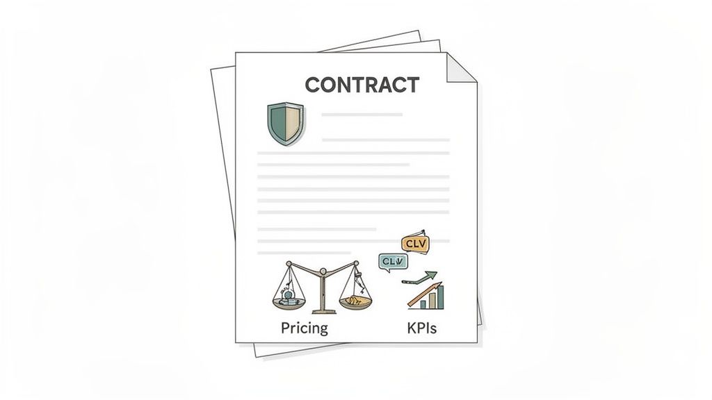 An illustrated contract document showing sections for pricing, key performance indicators (KPIs), and customer lifetime value (CLV), symbolizing agreement terms.