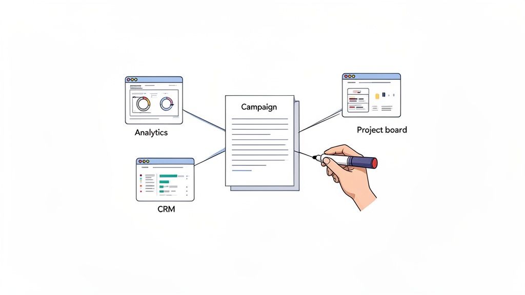 An illustration showing a campaign document connected to analytics, CRM, and project board windows, demonstrating integrated campaign planning.