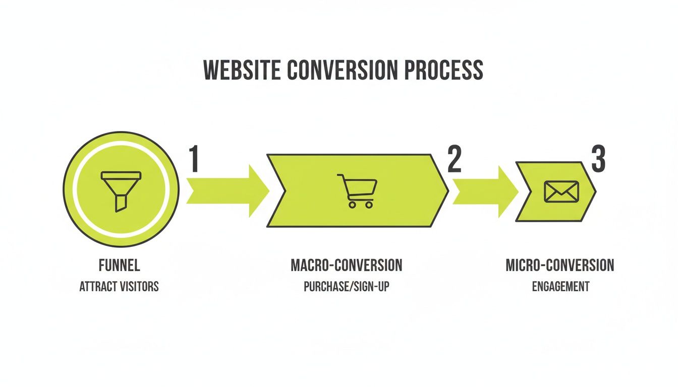 Website conversion process diagram showing funnel to attract visitors, macro-conversion for purchase, and micro-conversion for engagement.