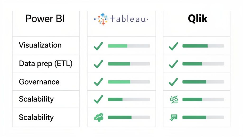 Comparison table displaying features and ratings for Power BI, Tableau, and Qlik business intelligence tools.