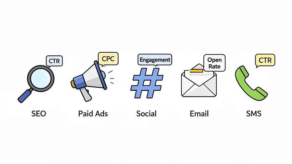 Icons representing digital marketing channels like SEO, Paid Ads, Social, Email, and SMS with key performance metrics such as CTR, CPC, Engagement, and Open Rate.