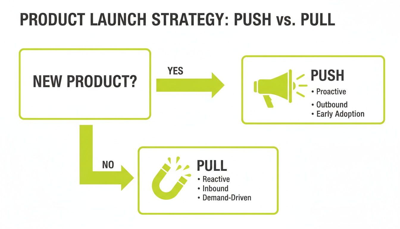 Flowchart comparing Push (proactive, outbound) and Pull (reactive, inbound) product launch strategies based on newness.