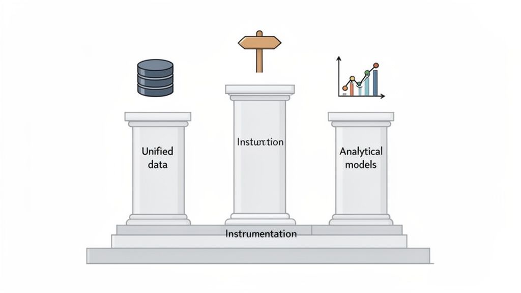 Diagram showing three pillars representing Unified Data, Instrumentation, and Analytical Models, all resting on a base labeled Instrumentation.