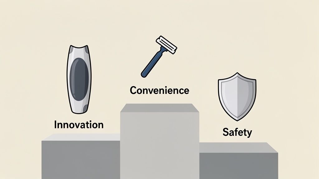 Podium graphic comparing product values: convenience (razor) ranked highest, safety, and innovation (shaver).