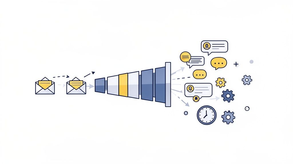 Illustration shows emails entering a process funnel, leading to automated communications, gears, and a clock.