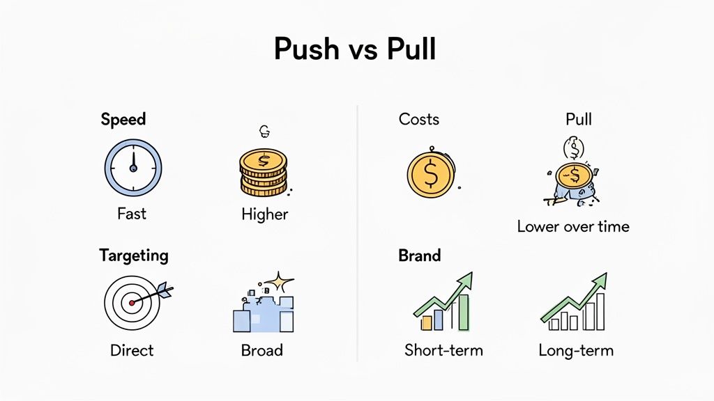 An infographic comparing key characteristics of push versus pull marketing strategies.