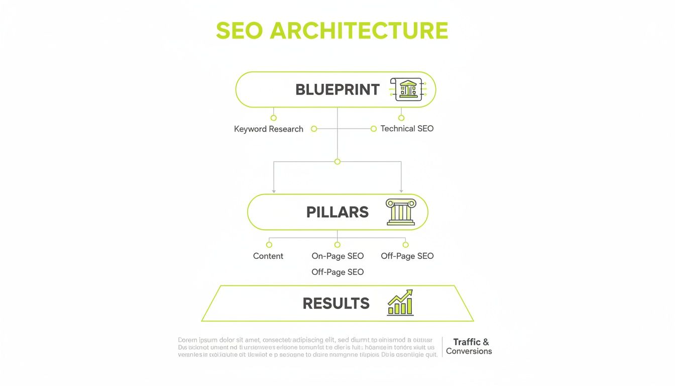A diagram illustrating SEO architecture, showing blueprint, pillars, and results for traffic and conversions.
