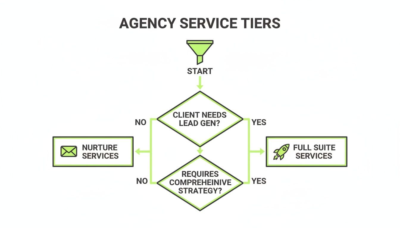 Flowchart illustrating agency service tiers based on client needs for lead generation and comprehensive strategy.