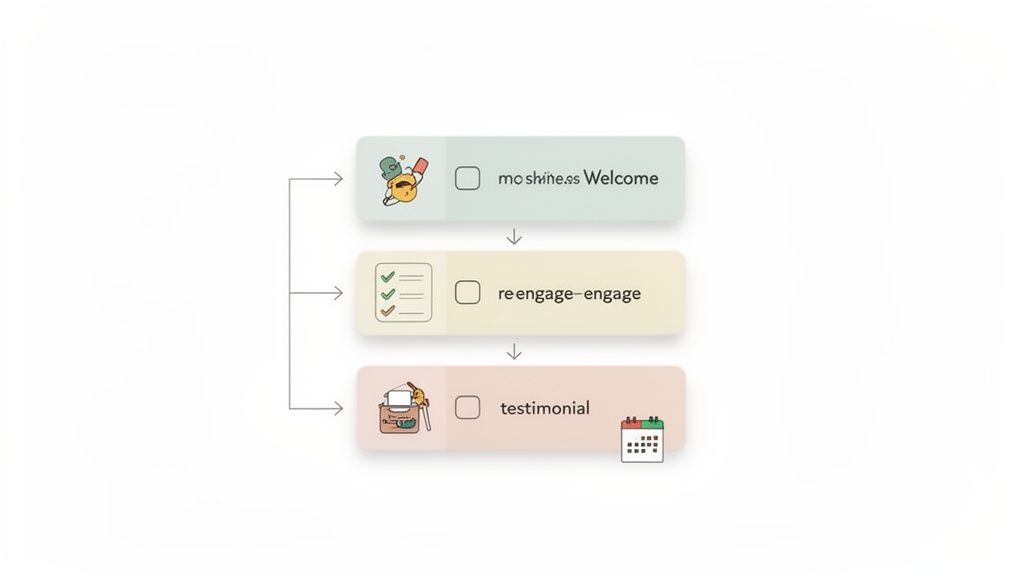 A three-step marketing automation workflow showing welcome, re-engage, and testimonial stages.