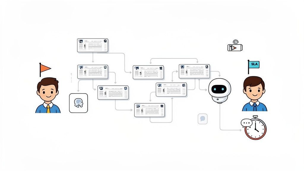 A flowchart illustrating a business process workflow with human interaction, documents, a skull icon, and a robot.