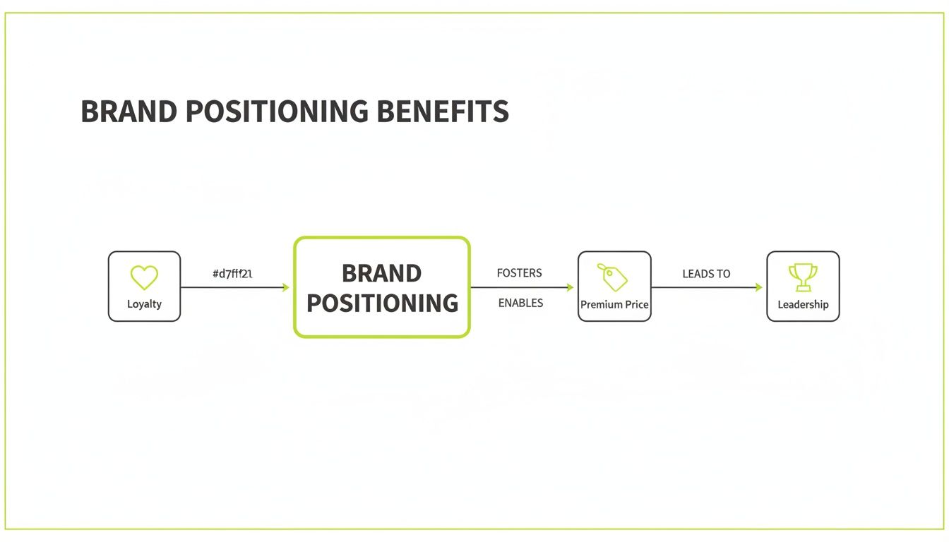 Flowchart detailing brand positioning benefits: loyalty, premium price, and market leadership path.