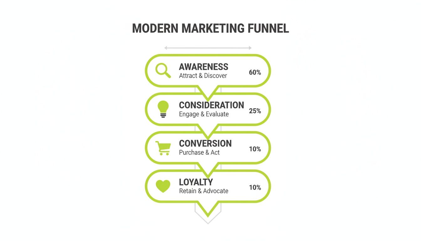 Modern marketing funnel diagram showing awareness, consideration, conversion, and loyalty stages with percentages.