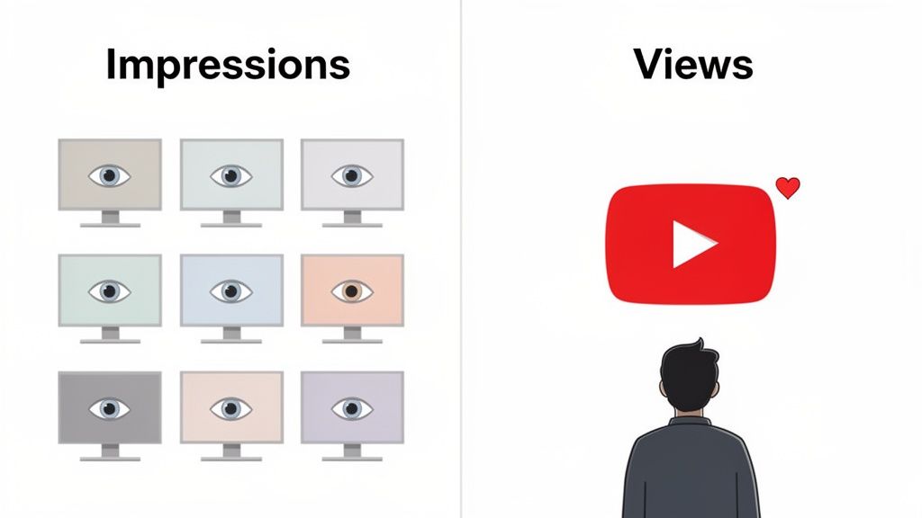 An illustration comparing digital marketing impressions (many monitors with eyes) versus views (a person watching YouTube).