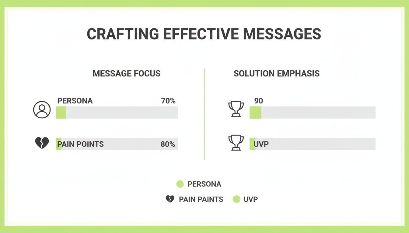 A two-column chart titled "Crafting Effective Messages," showing progress bars for Persona (70%), Pain Points (80%), and Solution Emphasis (90%, UVP).