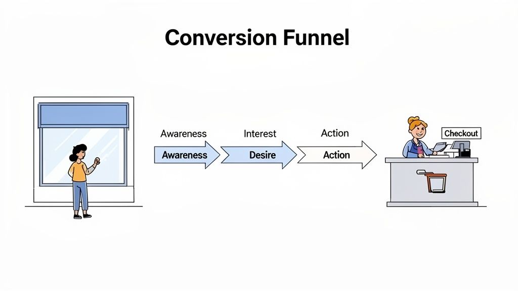 Illustration depicting a conversion funnel with stages: awareness, desire, and action leading to checkout.