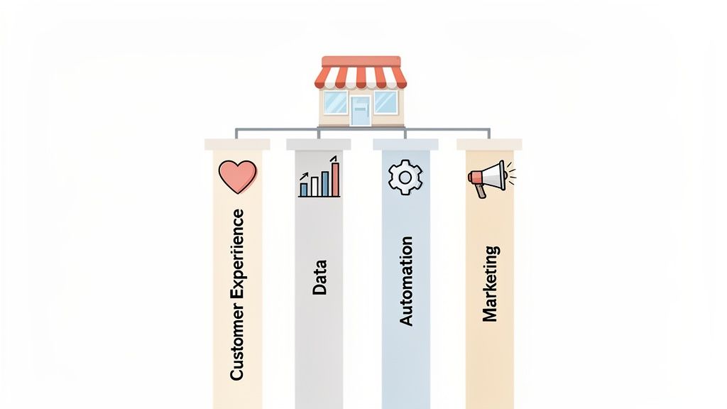 A small business building supported by four pillars: Customer Experience, Data, Automation, and Marketing.