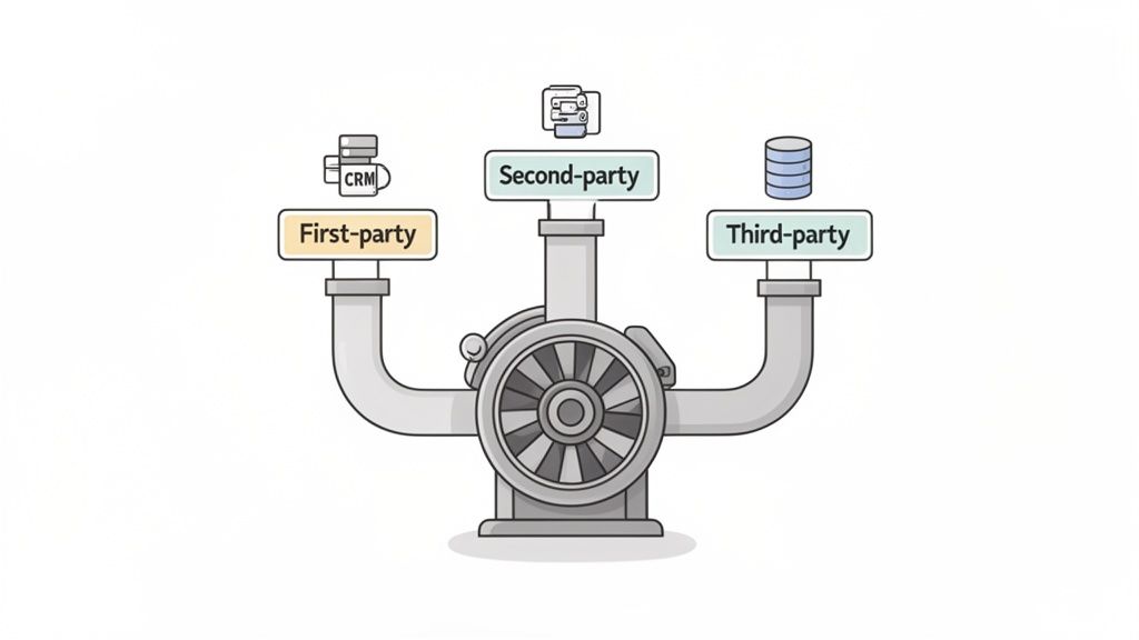 A diagram illustrating first, second, and third-party data sources flowing into a central processor.