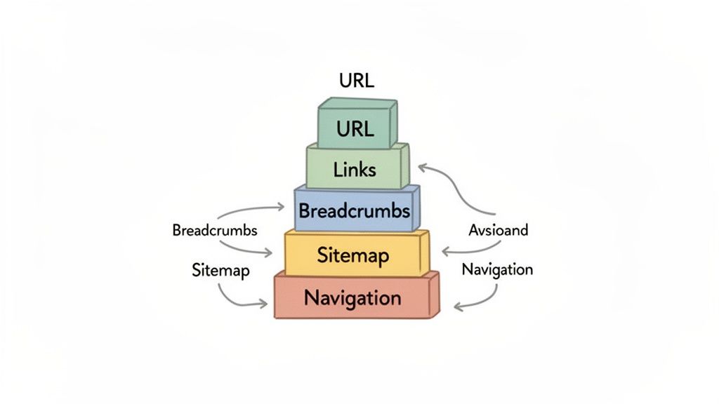 A pyramid diagram illustrating website architecture components: URL, Links, Breadcrumbs, Sitemap, and Navigation.
