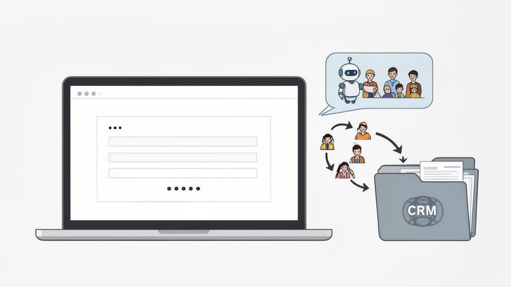 Digital process showing form input, automated interaction with people, and data integration into a CRM.