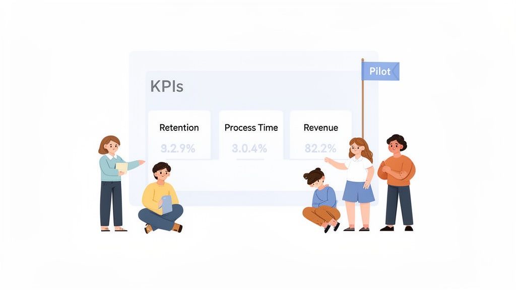 Diverse team analyzing a digital dashboard displaying business KPIs: Retention, Process Time, and Revenue.