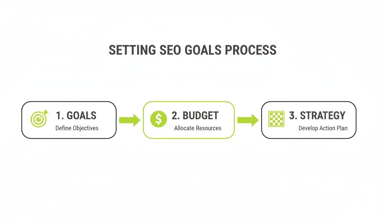 A flowchart illustrating the three-step SEO goal setting process: Goals, Budget, and Strategy.