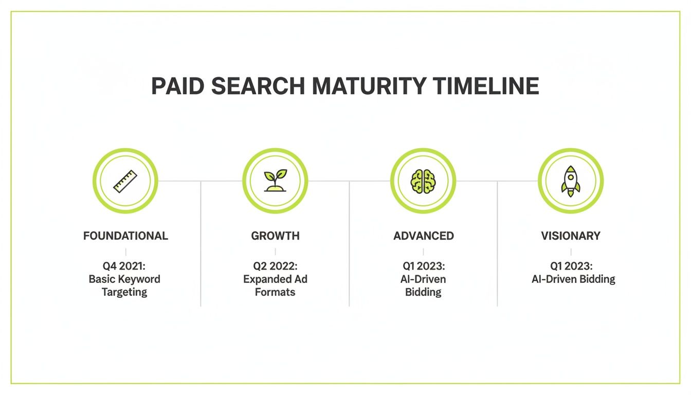 A paid search maturity timeline showing foundational to visionary stages with key milestones from 2021 to 2023.