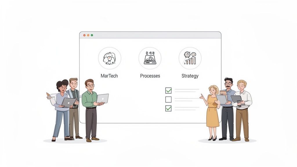 Six diverse professionals collaborate around a large screen displaying MarTech, Processes, and Strategy options.