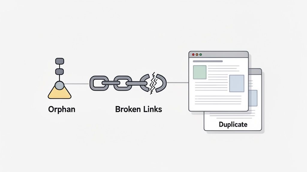 Diagram illustrating common SEO issues: an orphan page, broken links, and duplicate content pages.