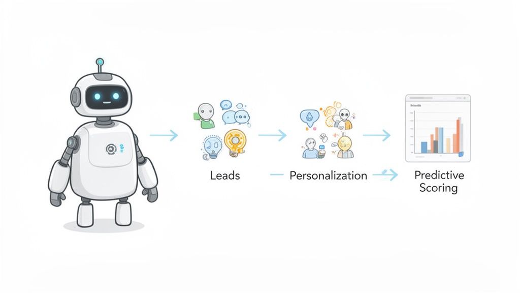 A robot illustrating a marketing operations flow: leads generation, personalization, and predictive scoring.