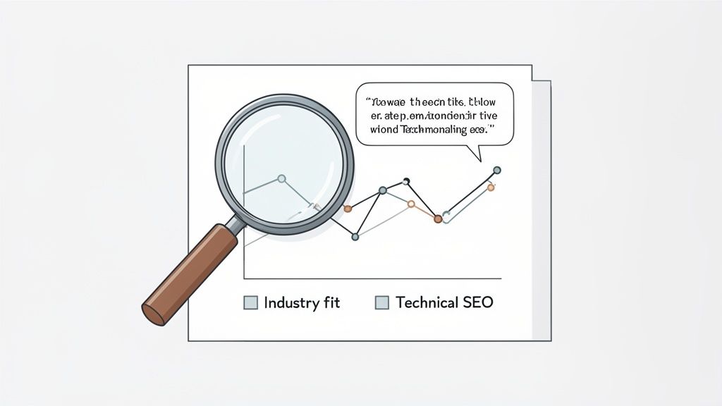 A magnifying glass highlights data on a graph comparing 'Industry fit' and 'Technical SEO' performance.