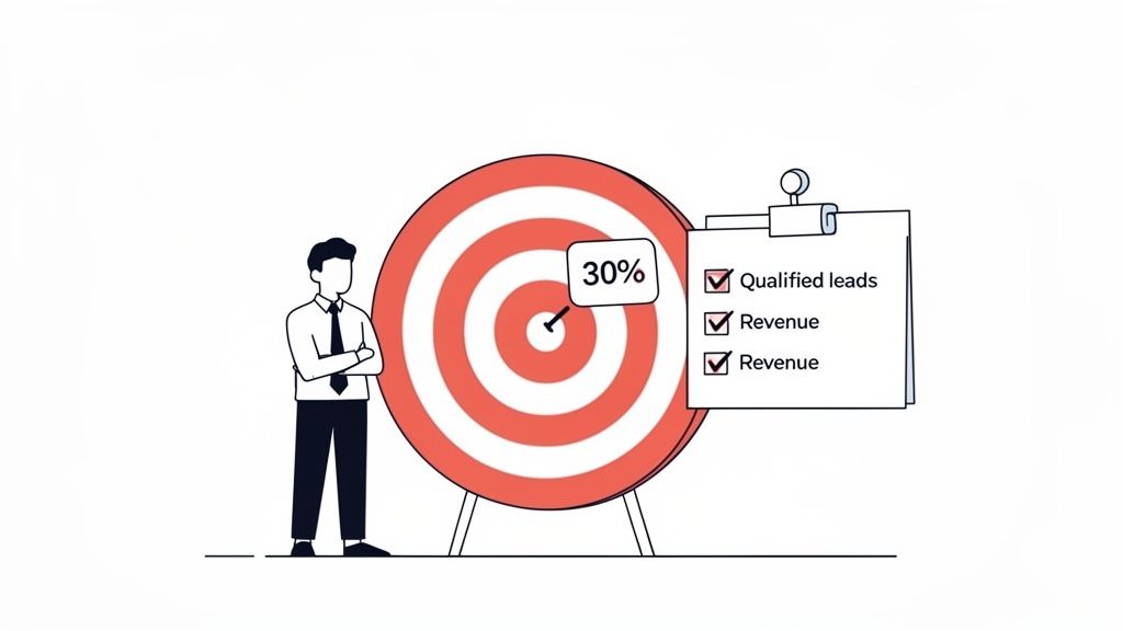 Illustration of a man next to a target, an arrow hitting the bullseye at 30%, and a checklist of business goals like qualified leads and revenue.
