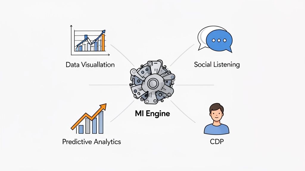 Diagram illustrating an MI Engine connected to Data Visualisation, Social Listening, Predictive Analytics, and CDP.