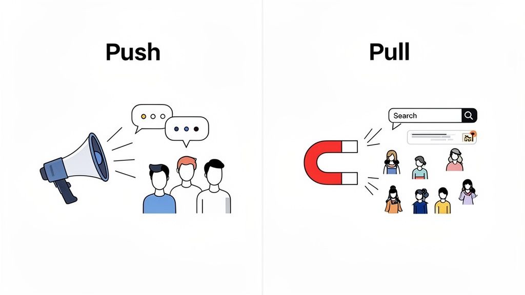 Illustration contrasting push and pull marketing strategies with a megaphone and a magnet attracting people to search.