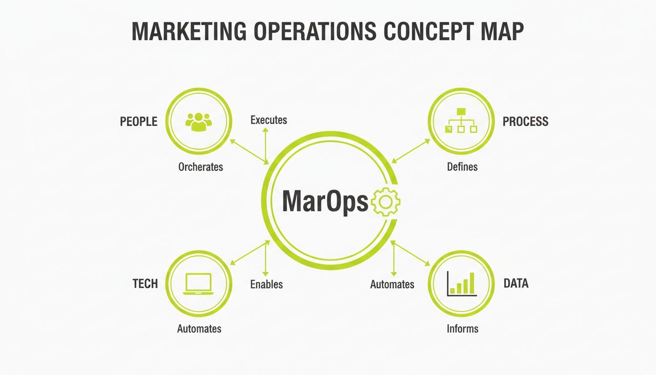 A concept map illustrating Marketing Operations (MarOps) at the center, connected to people, process, data, and technology.