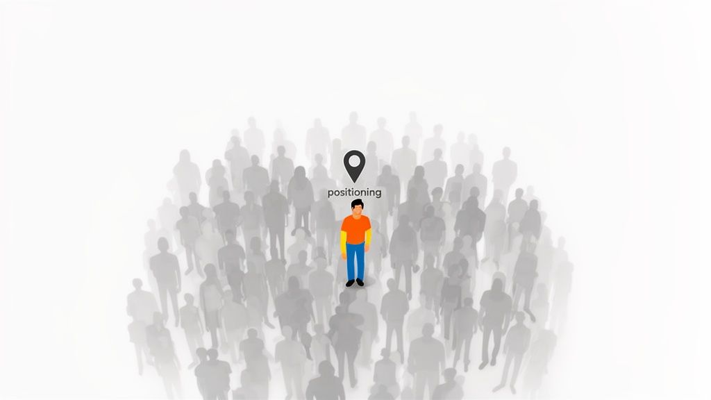 A distinct person stands out in a grey crowd, marked by a map pin with 'positioning' text.