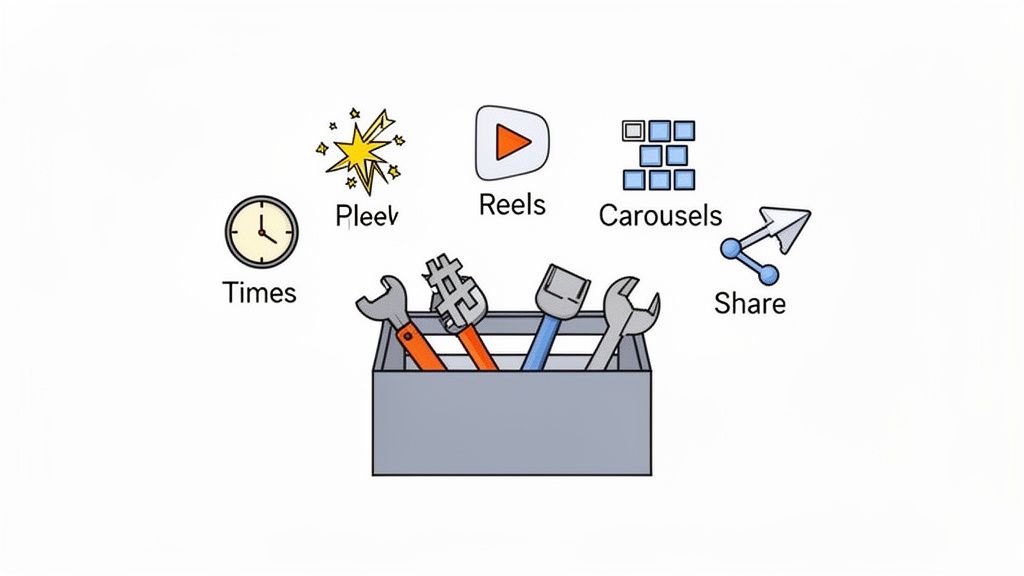 An illustration of a toolbox with wrenches, surrounded by icons labeled Times, Pleev, Reels, Carousels, and Share.
