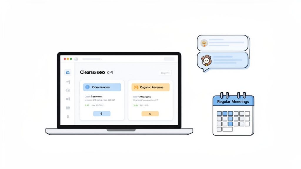 An illustration showing a laptop with an SEO dashboard, chat bubbles, and a calendar for meetings.