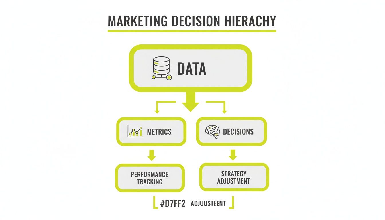 A marketing decision hierarchy flowchart showing data leading to metrics, decisions, performance tracking, and strategy adjustment.